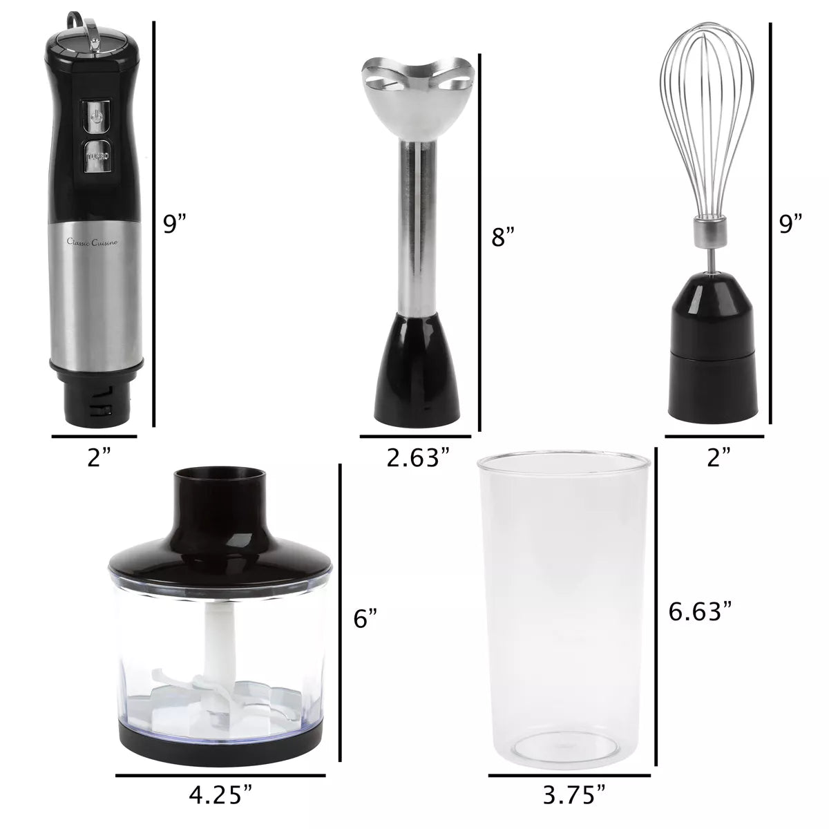 6-Speed Immersion Blender - 4-In-1 Hand Mixer with Whisk, Food Processor Cup, and 32Oz Beaker for Soup, Smoothies, and More by Classic Cuisine (Black)