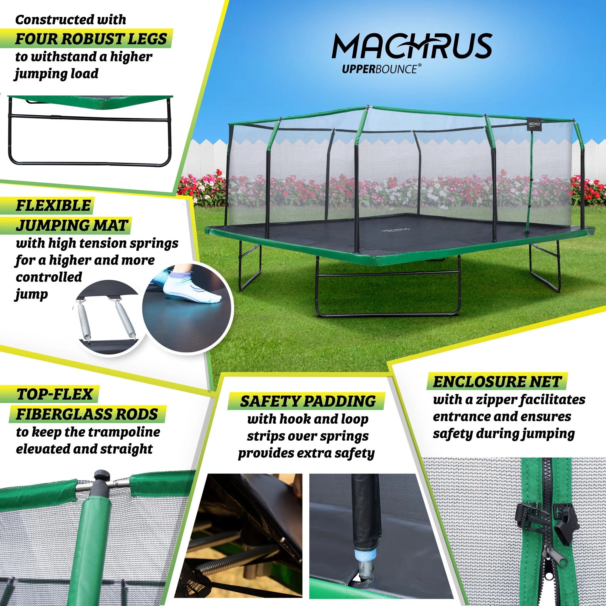 Machrus  16X16 FT Square Trampoline with Top-Ring Enclosure & Safety Pad – Outdoor Trampoline for Kids & Adults, Perfect for Backyard Jumping & Gymnastics Fun