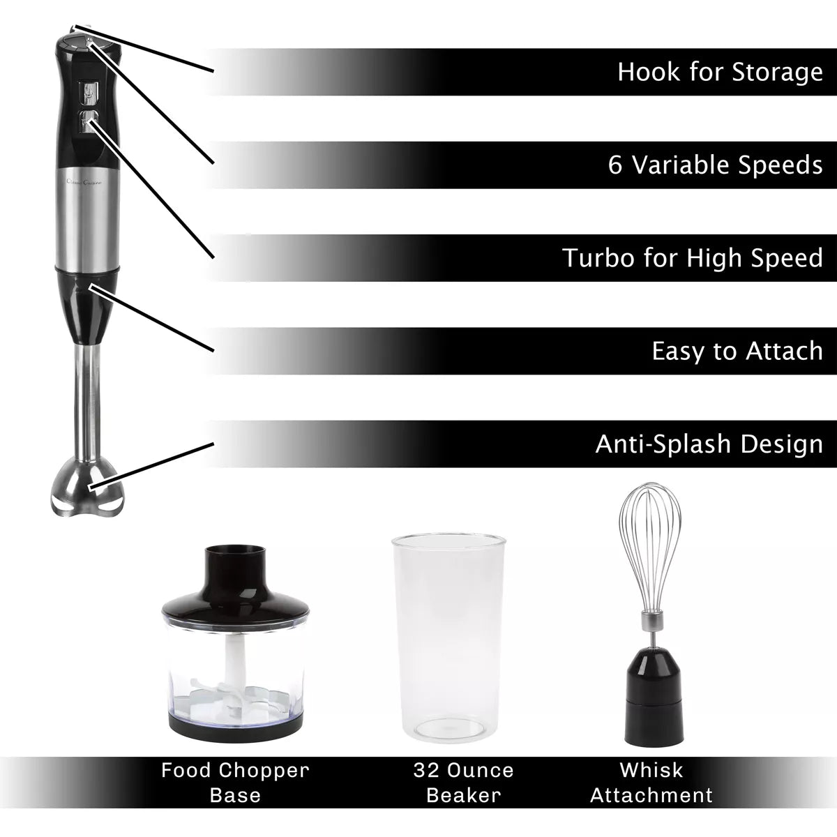 6-Speed Immersion Blender - 4-In-1 Hand Mixer with Whisk, Food Processor Cup, and 32Oz Beaker for Soup, Smoothies, and More by Classic Cuisine (Black)