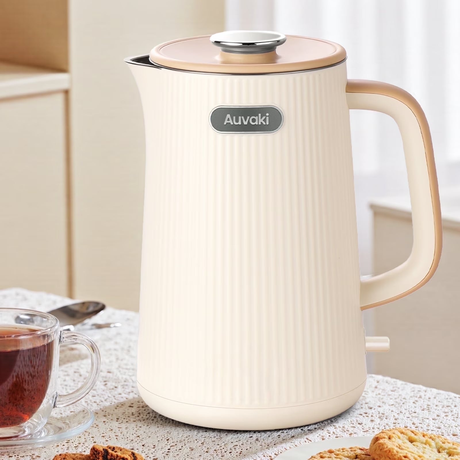 1.7L Electric Kettle, 1200W Stainless Steel Double Wall Water Boiler with Cool-Touch Handle & Auto Shut-Off, Cream White