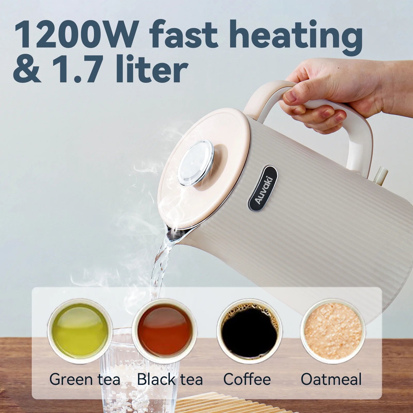 1.7L Electric Kettle, 1200W Stainless Steel Double Wall Water Boiler with Cool-Touch Handle & Auto Shut-Off, Cream White
